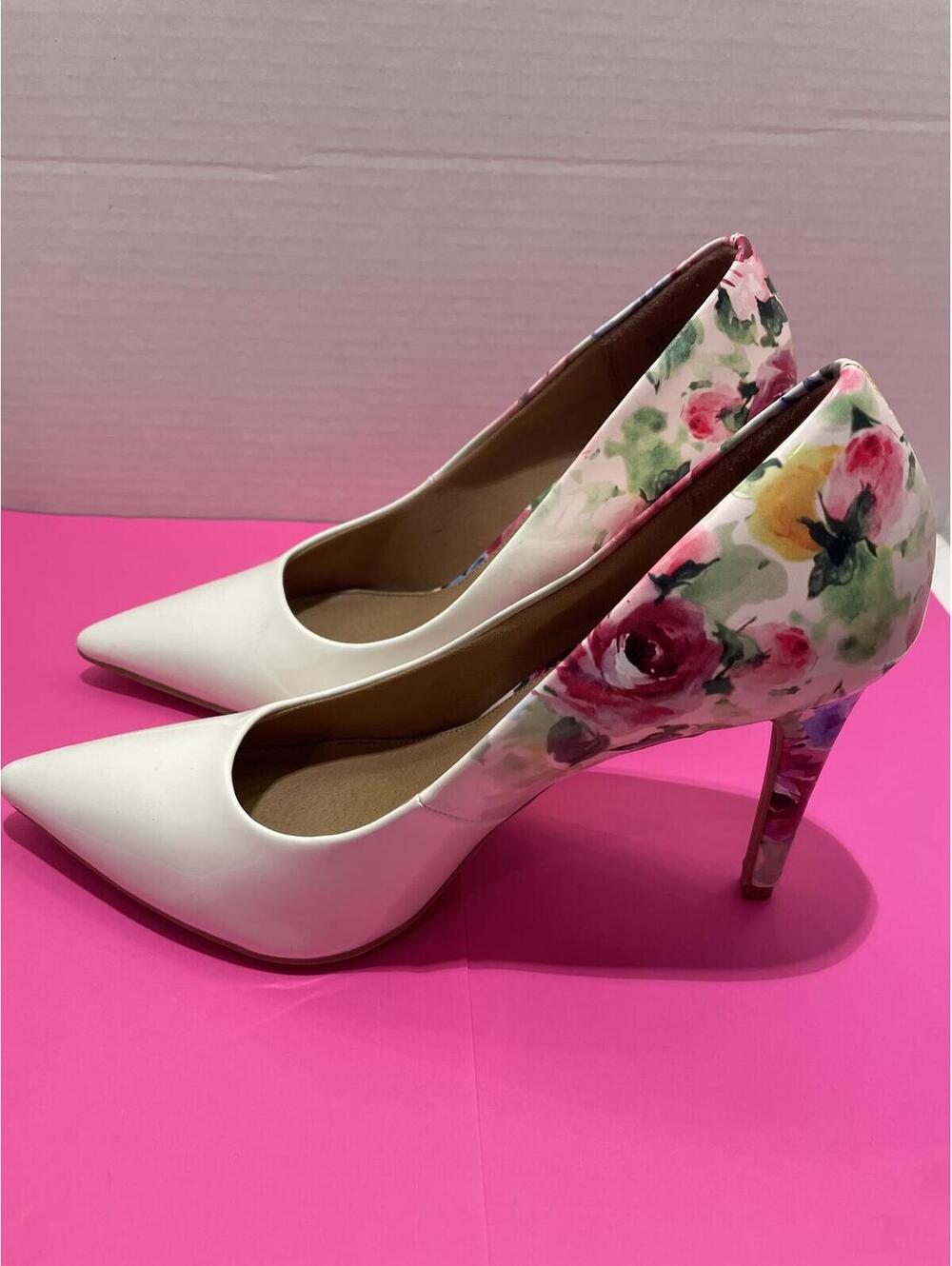 White and Floral Patterned High Heel Pumps